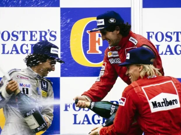 Alain Prost und Stefan Johansson jubeln auf dem Formel-1-Podium