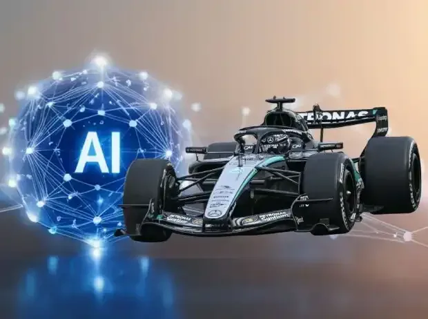 Title image for the news: Photo montage: George Russell in the Mercedes W17 in front of an AI background