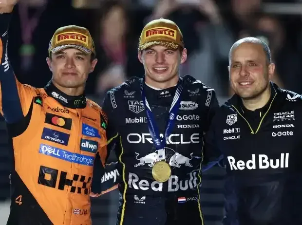 Title image for the news: Lando Norris, Max Verstappen and Gianpiero Lambiase on the Formula 1 podium