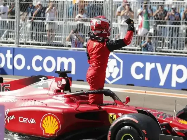 Title image for the news: Charles Leclerc celebrates his pole position at the Miami GP 2022