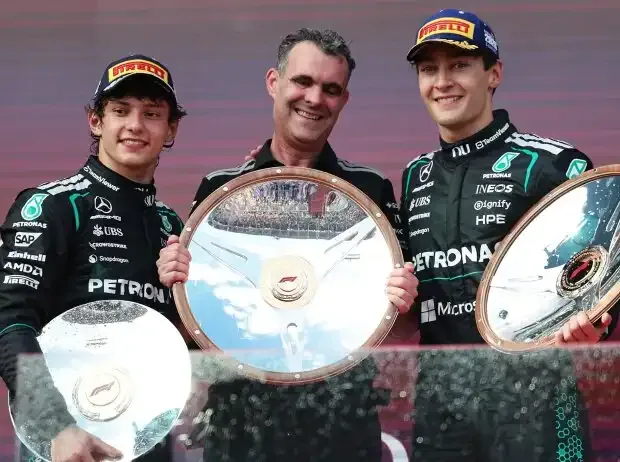 Title image for the news: Kimi Antonelli and George Russell celebrate the Mercedes one-two victory 2026 in Melbourne