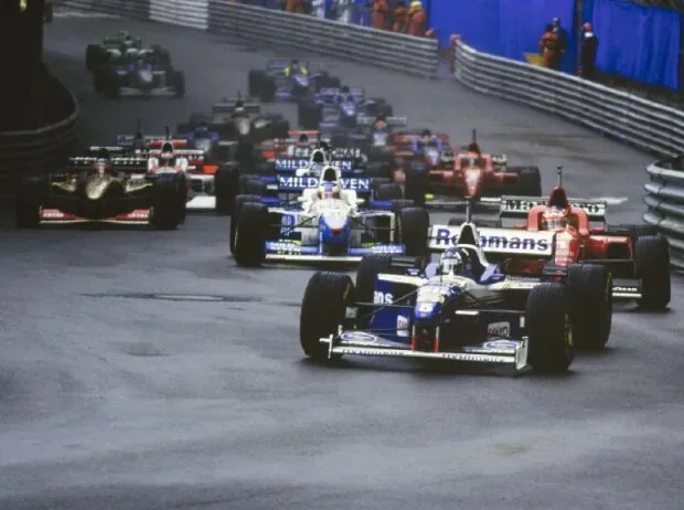 The start of the 1996 Monaco Grand Prix: Damon Hill leads ahead of Michael Schumacher