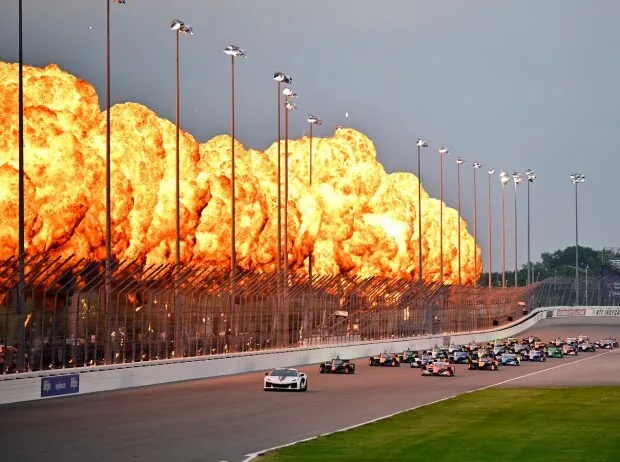 IndyCar formation laps with fireworks at Gateway Motorsports Park in St. Louis
