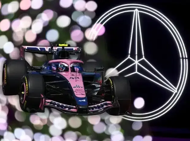 Title image for the news: Photo montage: The Alpine A526 from Formula 1 2026 in front of a Mercedes logo