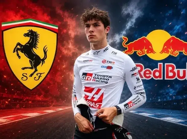 Titel-Bild zur News: Oliver Bearman (Haas) vor einem Logo von Ferrari und Red Bull