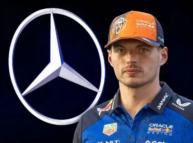 Titel-Bild zur News: Fotomontage: Max Verstappen vor einem Mercedes-Logo