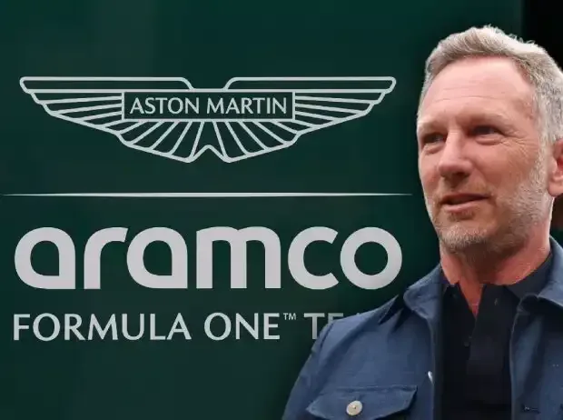 Title image for the news: Photo montage: Christian Horner in front of an Aston Martin logo