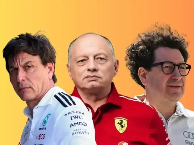 Title image for the news: Photo montage: The Formula 1 team principals Toto Wolff (Mercedes), Frederic Vasseur (Ferrari) and Mattia Binotto (Audi) - from left