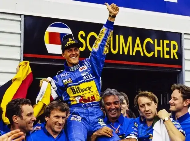Title image for the news: Michael Schumacher and the Benetton team celebrate the 1994 world championship win