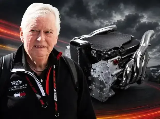Title image for the news: Photo montage: Pat Symonds in front of a V8 Formula 1 power unit