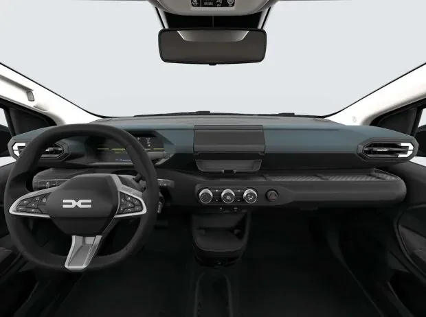 Cockpit des Dacia Spring (2027) ohne zentrales Display, dafür mit Klappe für das Smartphone