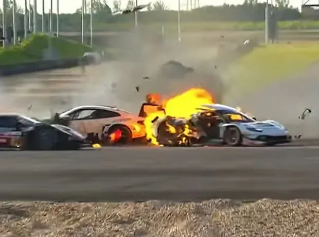 Millroy's Ferrari bursts into flames immediately after the impact