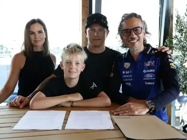 Title image for the news: Robin Räikkönen, Kimi Räikkönen and Laurent Mekies (Red Bull team principal)