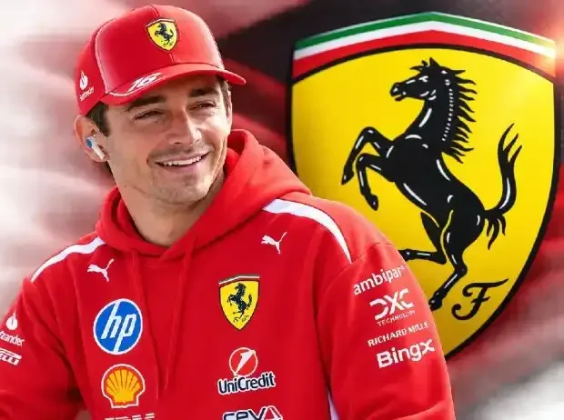 Title image for the news: Photo montage: Formula 1 driver Charles Leclerc in front of a Ferrari logo